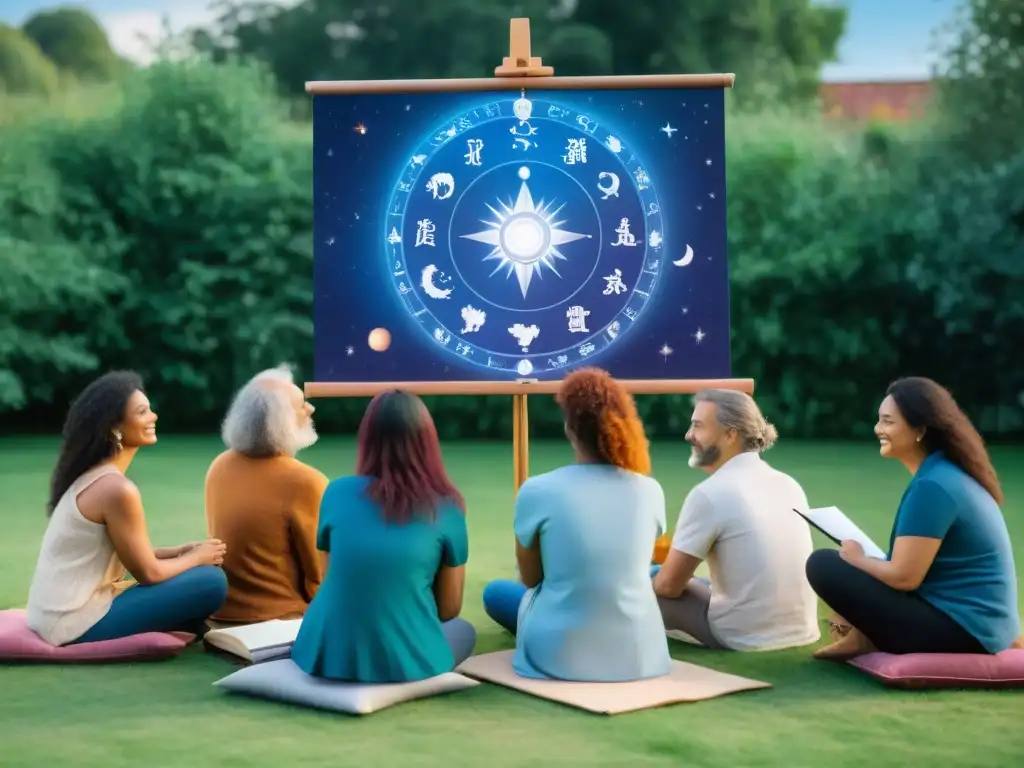 Un grupo diverso de principiantes en un taller práctico de astrología al aire libre, escuchando alegremente a la astróloga