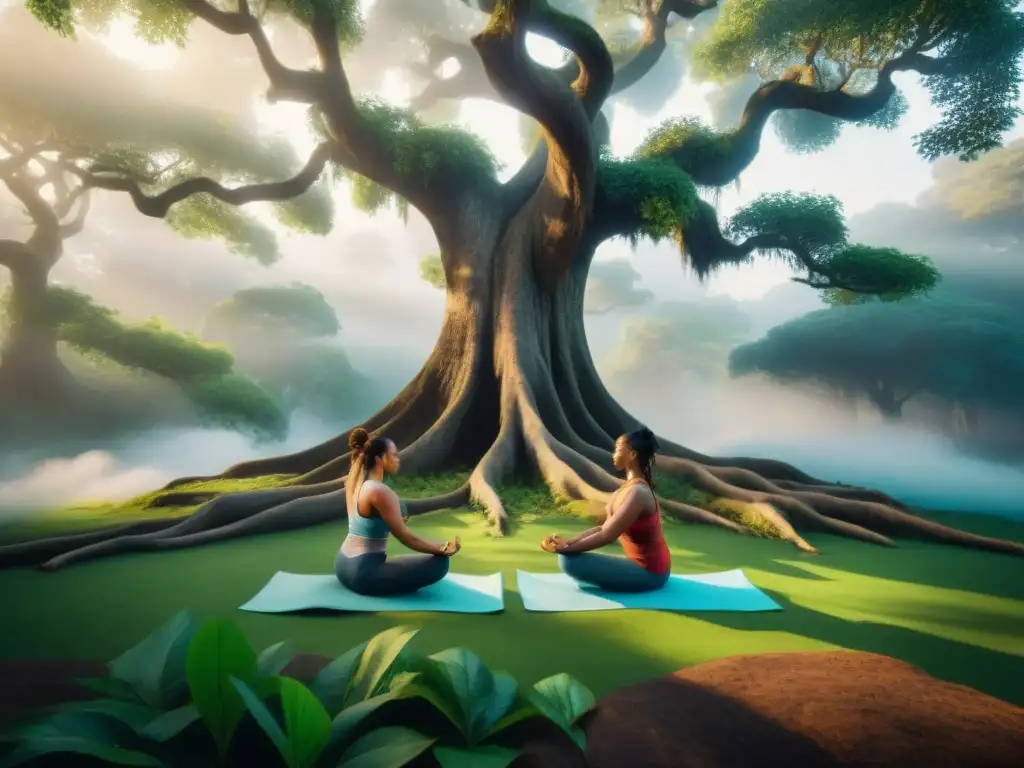 Un grupo diverso practica yoga entre raíces ancestrales, conectando con la naturaleza