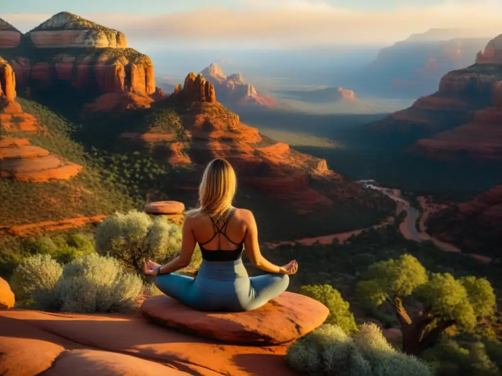 Grupo diverso en retiro espiritual en Sedona, energía transformadora al practicar yoga y meditación al amanecer