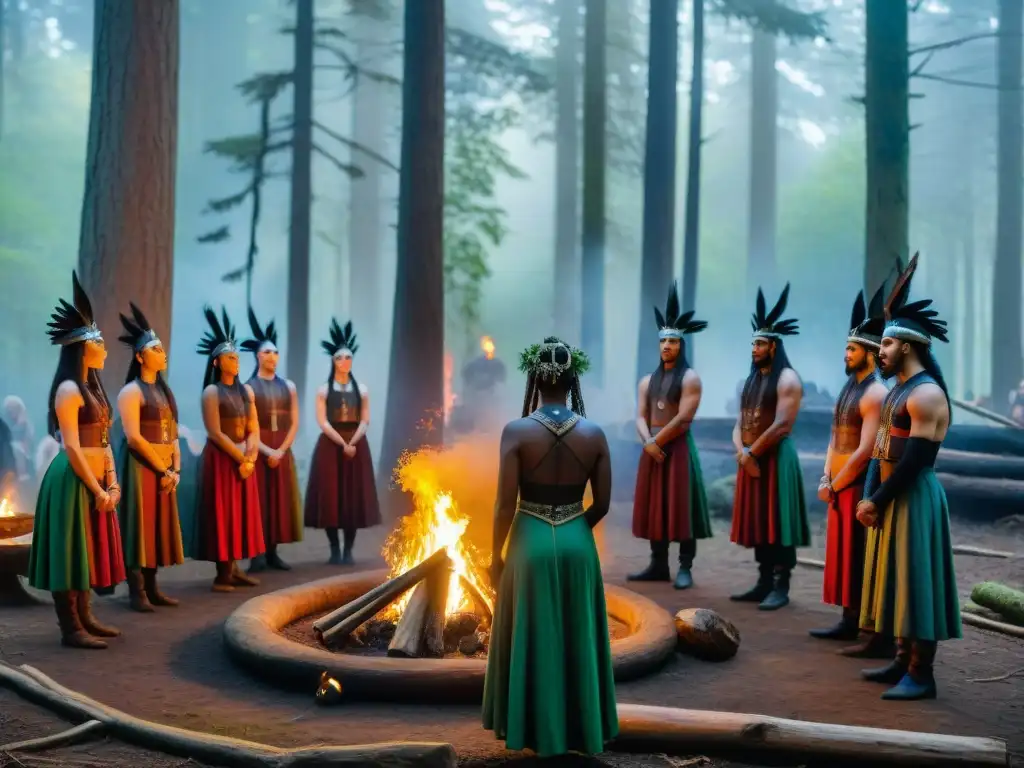 Un grupo diverso en ritual pagano en un bosque antiguo