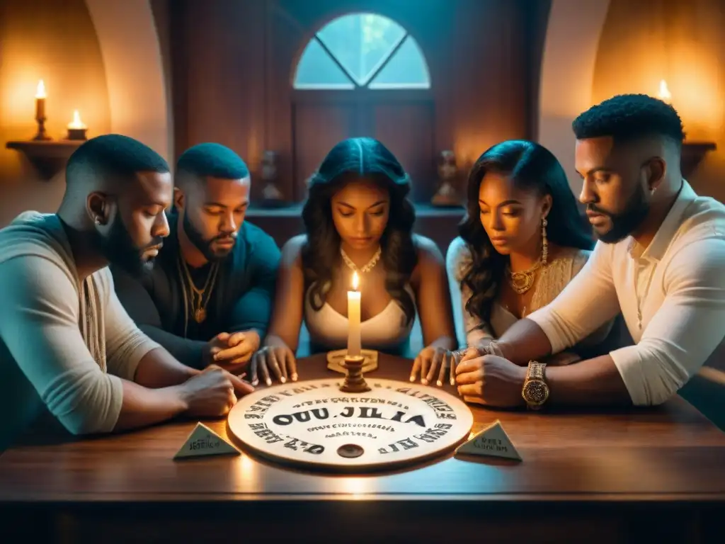 Grupo diverso en sesión espiritual alrededor de una ouija en ambiente místico con velas