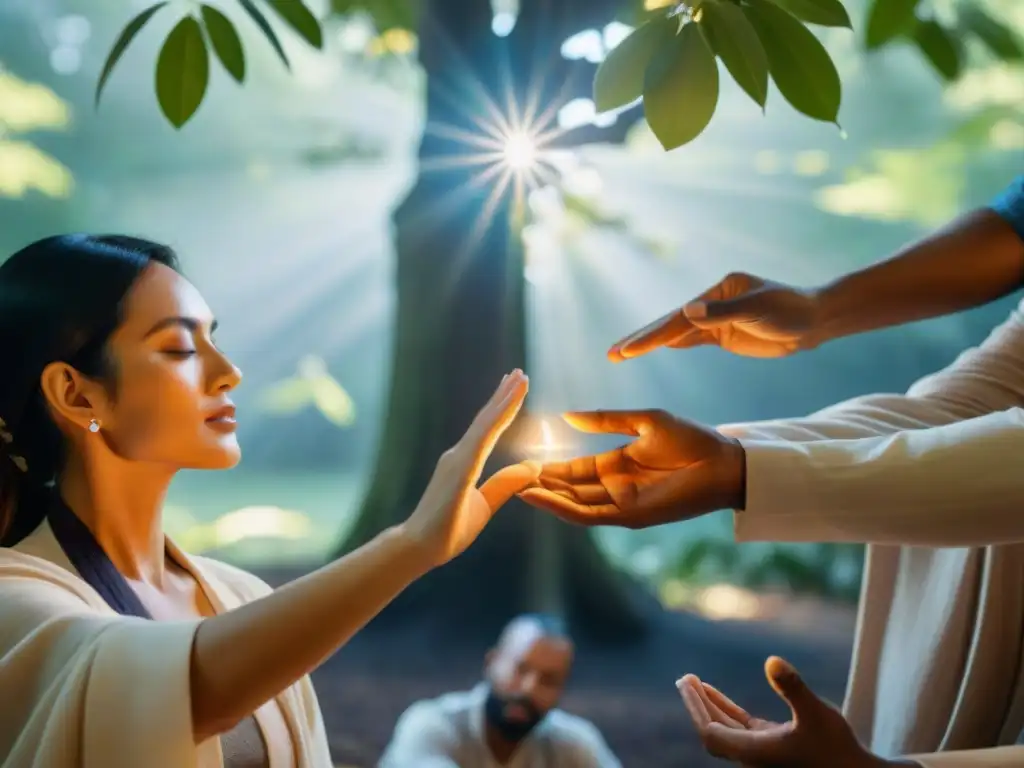 Grupo diverso participa en sesión de Reiki para sanación energética completa bajo árbol majestuoso