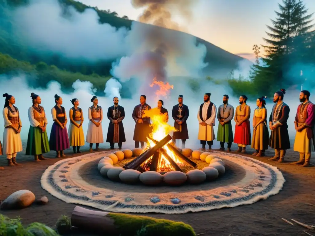 Grupo diverso en trajes Neopaganos danza alrededor de fogata en bosque