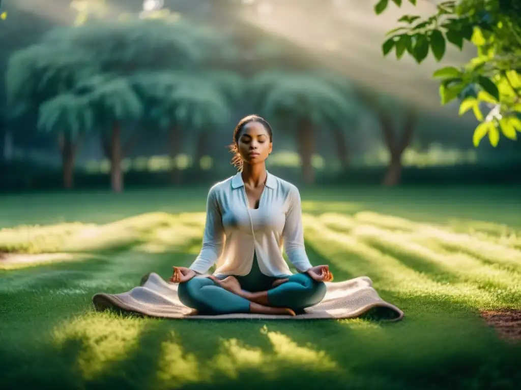 Grupo diverso medita en jardín tranquilo, disfrutando beneficios meditación mindfulness vida moderna