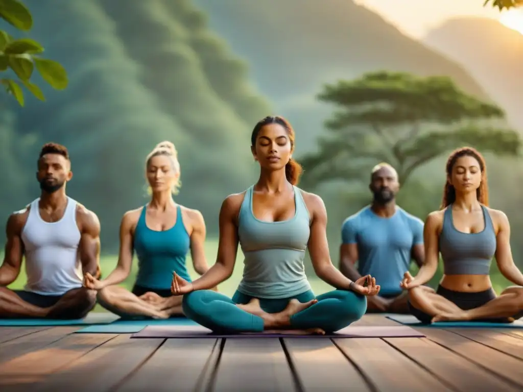 Grupo diverso practicando yoga al aire libre al amanecer, transmitiendo paz y armonía con la filosofía del Yoga aplicación práctica