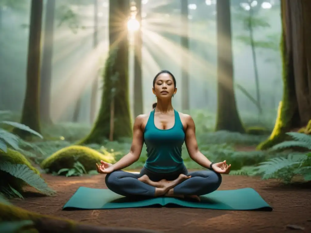 Grupo diverso practicando yoga en bosque antiguo con significados mensajes ancestrales Yoga