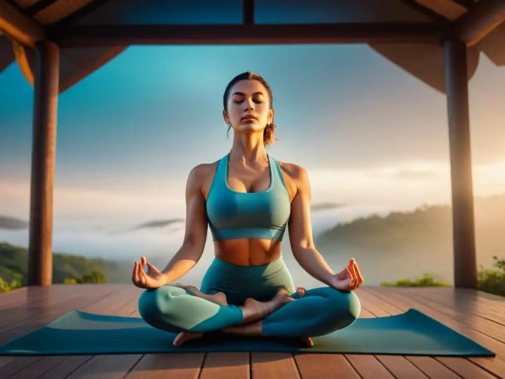 Grupo diverso practicando yoga al amanecer en la naturaleza, reflejando los beneficios científicos del Yoga