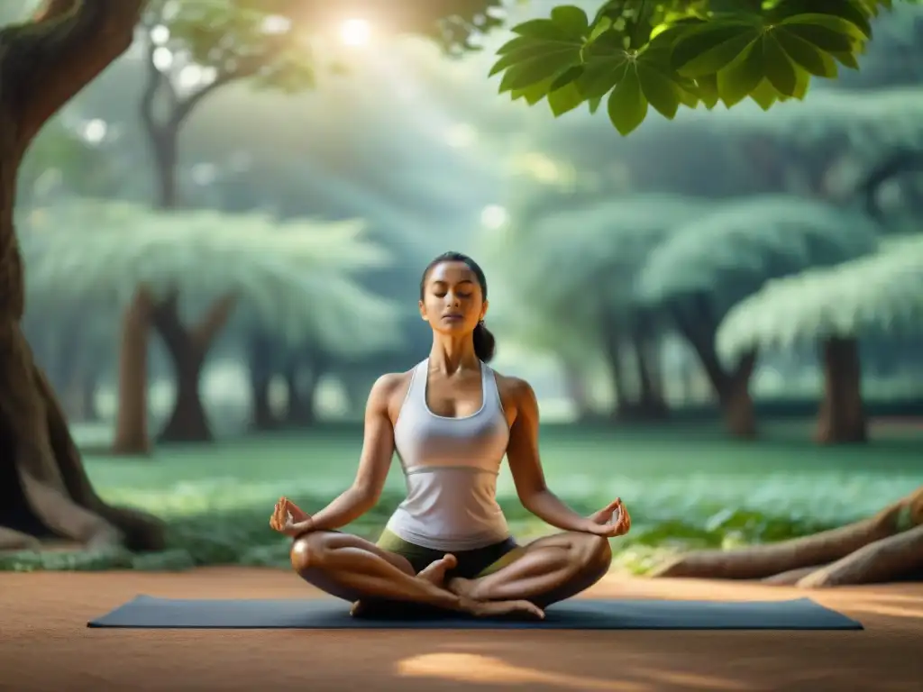 Un grupo diverso practicando yoga en parque verde, con la luz matutina filtrándose entre los árboles antiguos