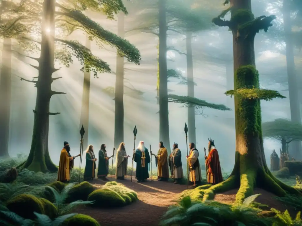 Un grupo de druidas en un bosque antiguo al amanecer, realizando un ritual