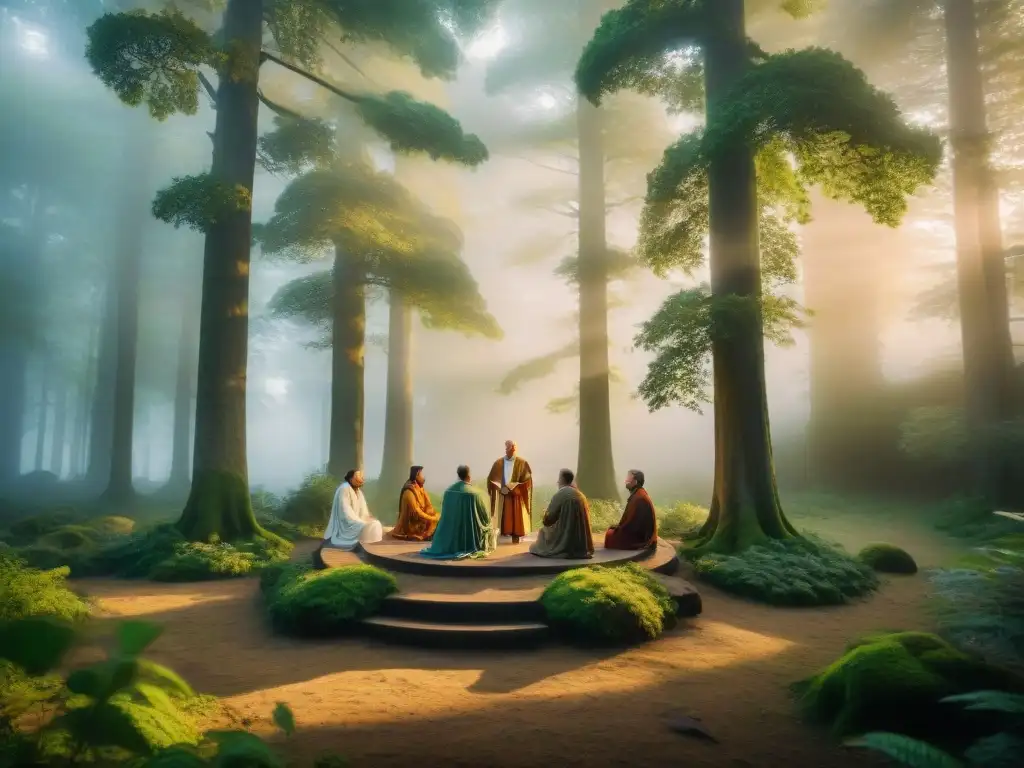 Un grupo de druidas modernos se reúnen en un bosque antiguo al amanecer, celebrando una ceremonia en círculo, bajo la luz dorada del sol