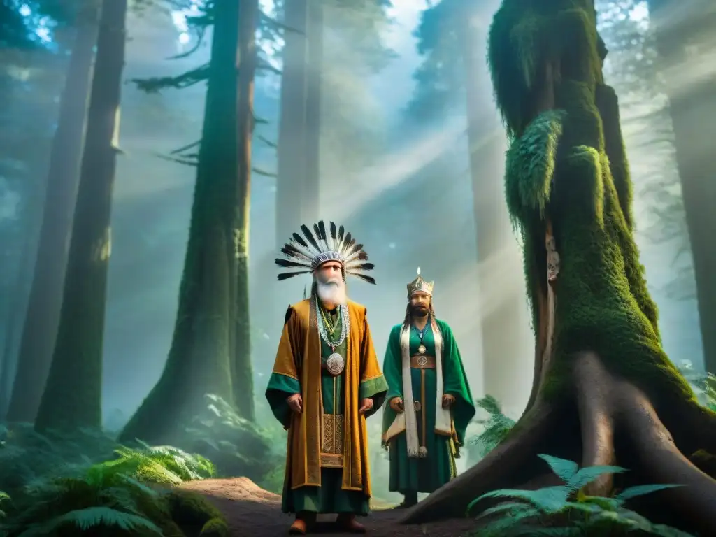 Un grupo de druidas modernos, en un bosque ancestral, realizan un ritual en conexión con la naturaleza