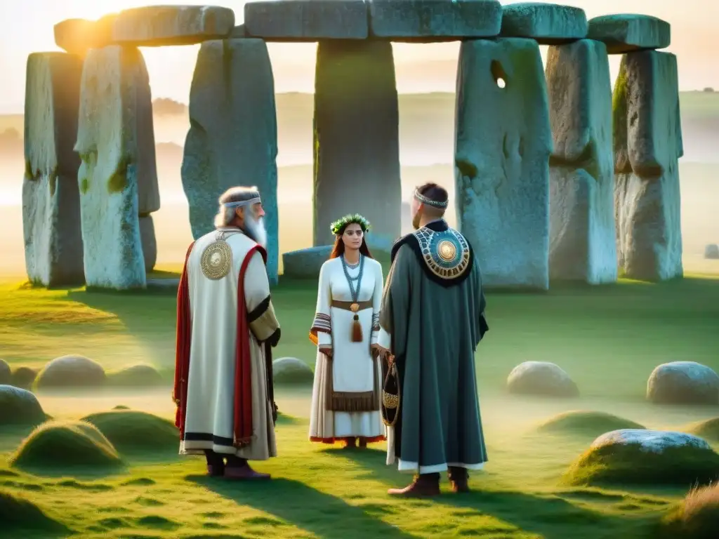 Grupo de druidas modernos en Stonehenge al amanecer, realizando rituales ancestrales