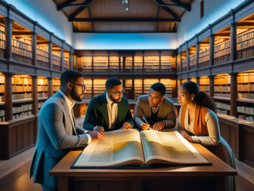 Scholars in ancient library studying Ptolemy's map | Detalle 8k Un grupo de eruditos en una antigua biblioteca, discutiendo sobre manuscritos antiguos con un Mapamundi de Ptolomeo al fondo