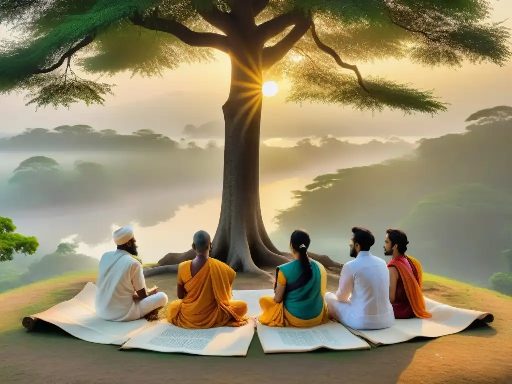 Grupo de eruditos bajo un árbol Bodhi, discutiendo manuscritos antiguos en sánscrito al amanecer