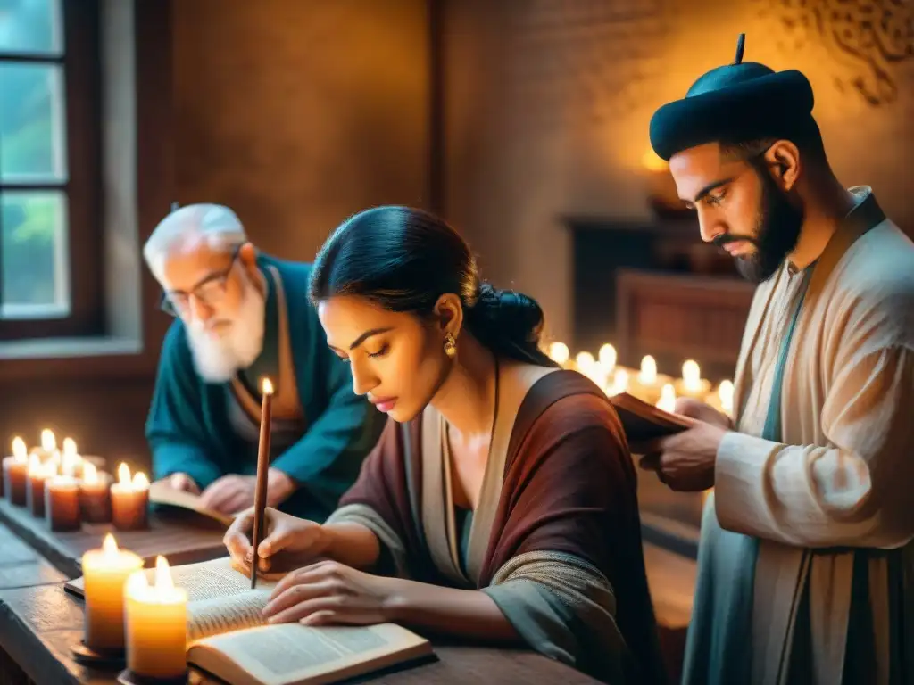 Un grupo de eruditos inmersos en antiguos textos de la Cábala, iluminados por velas en una habitación tenue