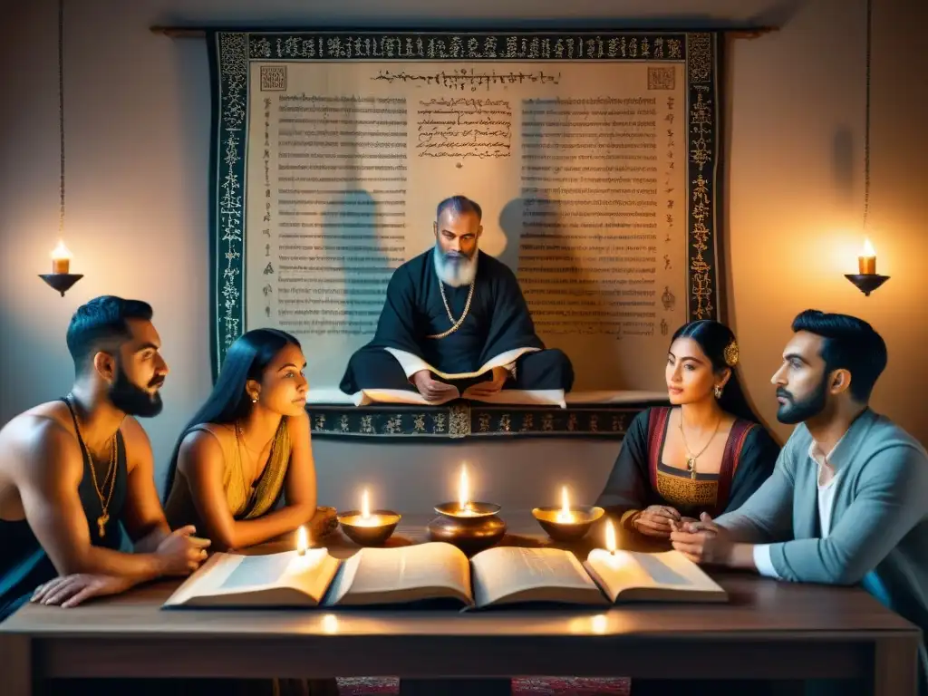 Un grupo de eruditos inmersos en el estudio del Zohar, iluminados por velas en una escena mística y antigua