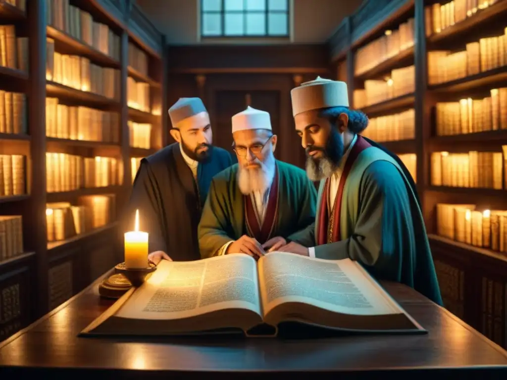 Grupo de eruditos en profundo estudio del Sefer Yetzirah en misteriosa habitación iluminada por velas