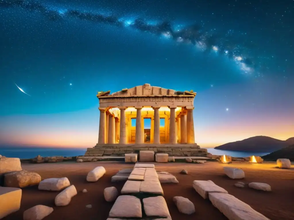 Grupo de eruditos en un templo griego antiguo bajo un cielo estrellado, estudiando mapas celestes