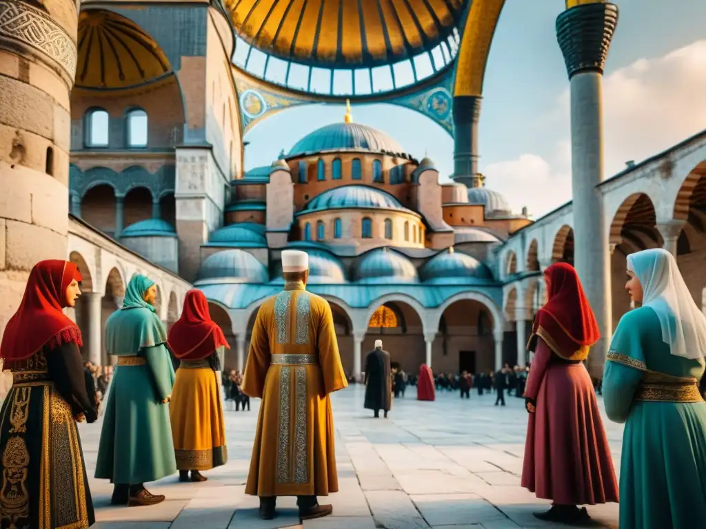 Un grupo de Eslavos del sur en trajes tradicionales frente a Hagia Sophia, mostrando la historia misteriosa entre culturas