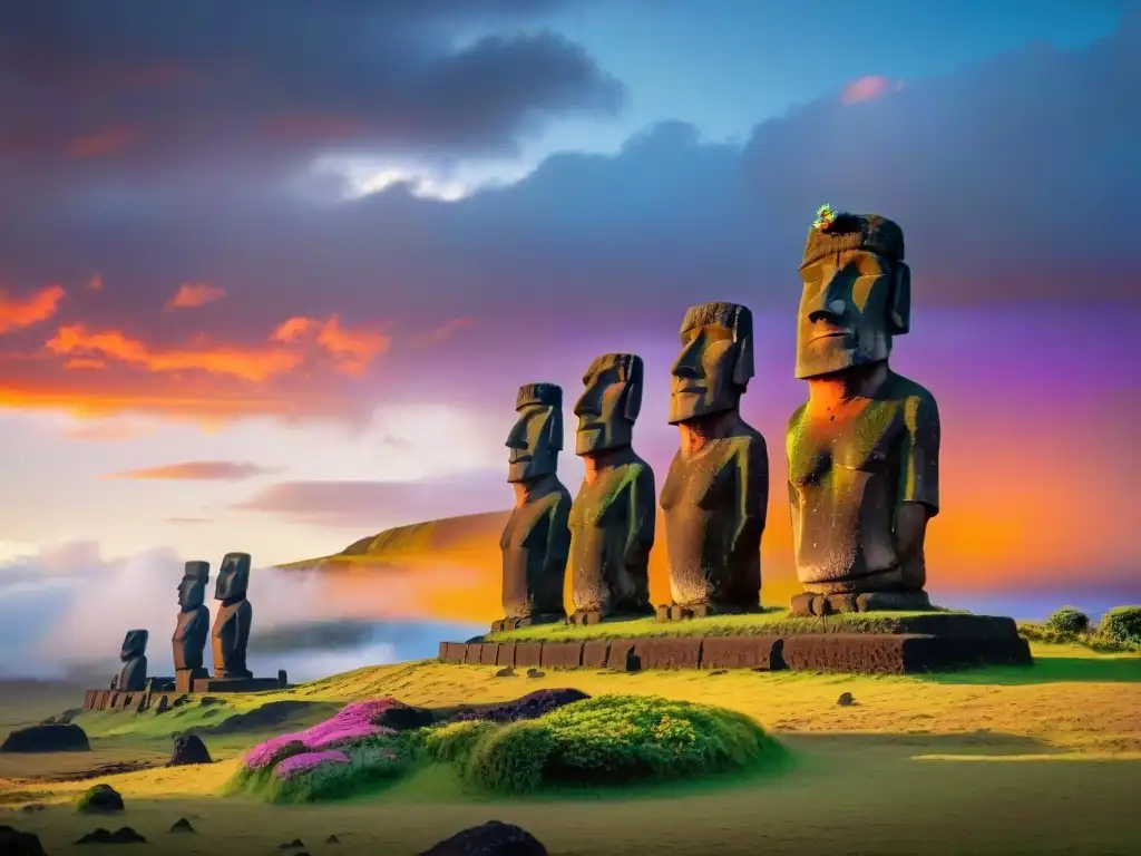 Grupo de estatuas Moai en Isla Pascua al atardecer, iluminadas por el misterioso sol