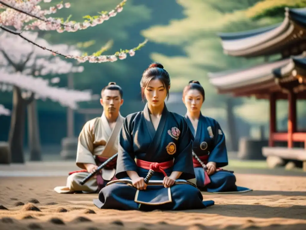 Grupo de estudiantes de artes marciales en ritual de iniciación samurái tradicional entre cerezos en flor