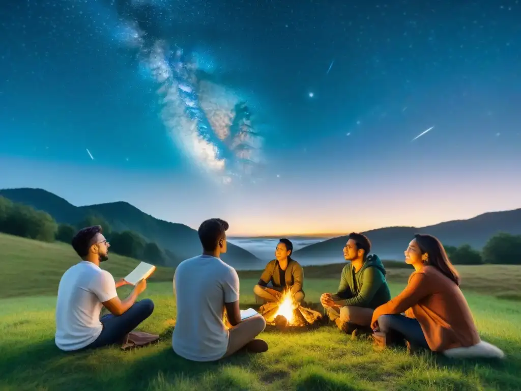 Grupo de estudiantes aprendiendo astrología al aire libre, rodeados de naturaleza nocturna y estrellas brillantes