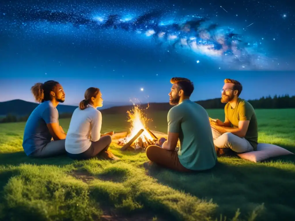 Grupo de estudiantes aprendiendo astrología al aire libre bajo un cielo estrellado, iluminados por una fogata