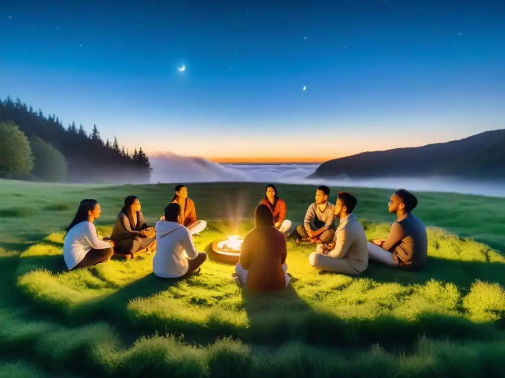 Grupo de estudiantes aprendiendo astrología al aire libre bajo un cielo estrellado y velas brillantes, rodeados de naturaleza y misterio