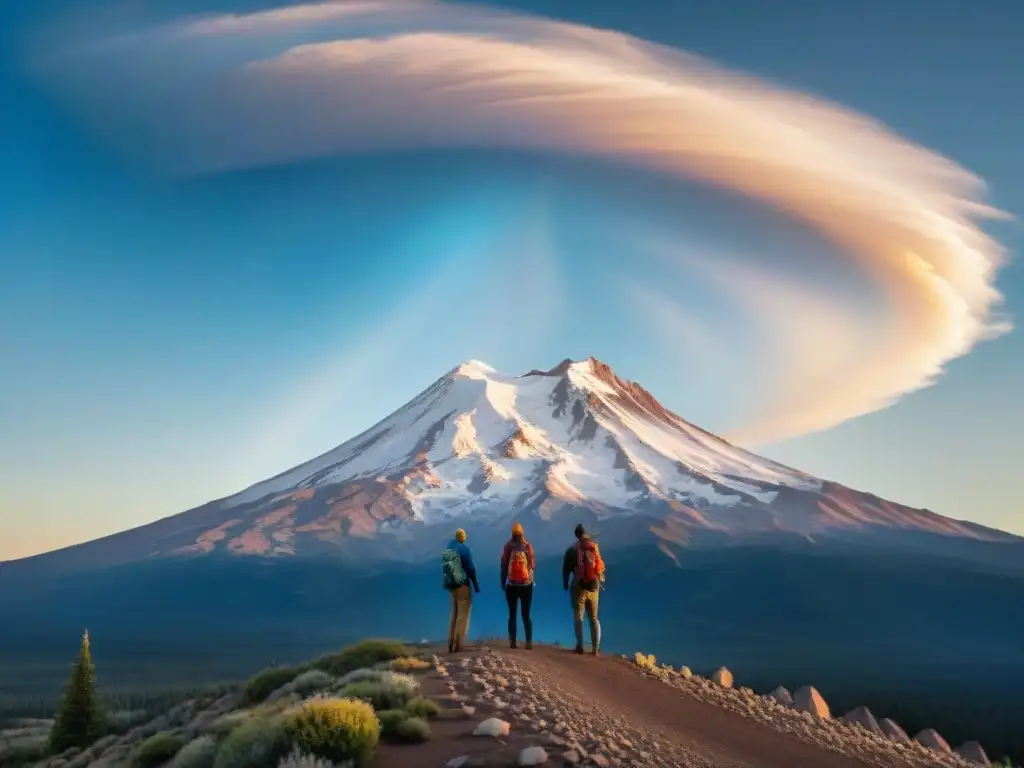 Un grupo de excursionistas admirando el Monte Shasta con un vórtice energético, bajo un cielo azul despejado