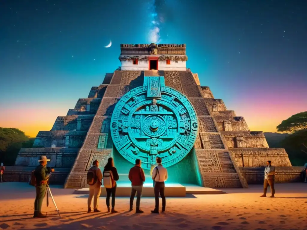 Un grupo de expertos en astronomía y arqueología estudia un calendario maya bajo un cielo estrellado, fusionando sabiduría antigua con interpretación moderna