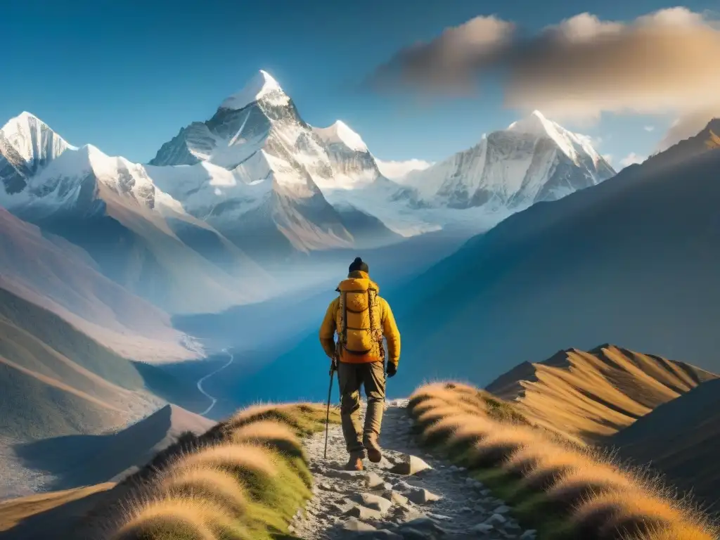 Un grupo de exploradores en expediciones a Shambhala en Himalayas, enfrentando la majestuosidad de los picos nevados