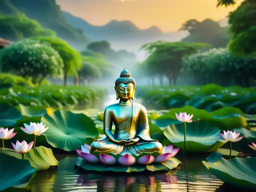 Grupo en jardín con flores de loto y estatua de Buda dorada, emitiendo paz