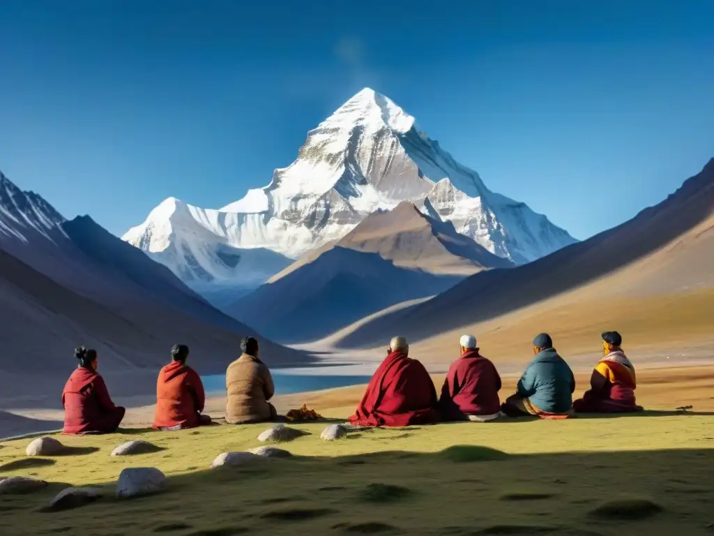 Grupo en meditación frente al Monte Kailash al atardecer, en un retiro espiritual lleno de misterios