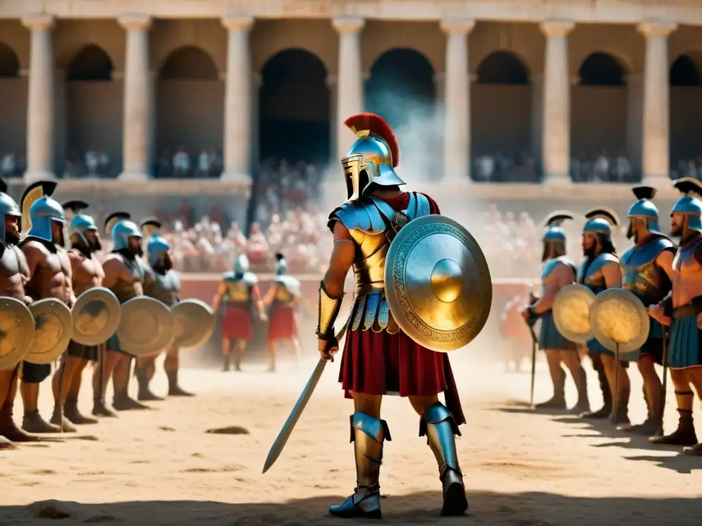 Grupo de gladiadores en el Coliseo de Roma, listos para la batalla