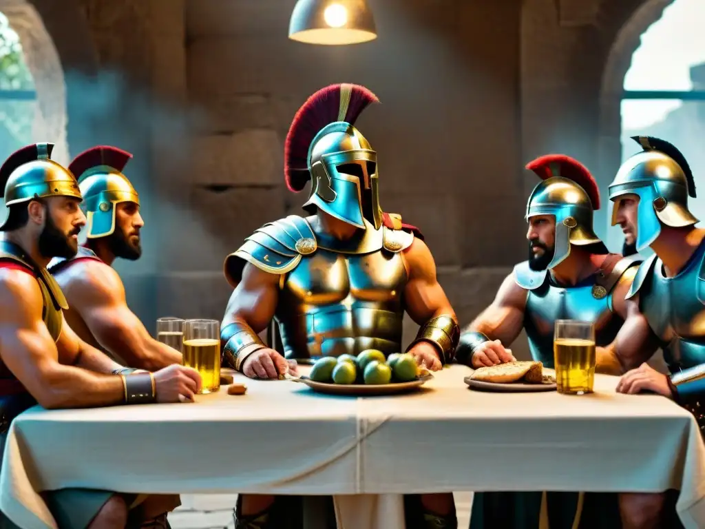 Grupo de gladiadores disfrutando de una dieta gladiadores antigua Roma en un comedor rústico iluminado con alimentos y armaduras