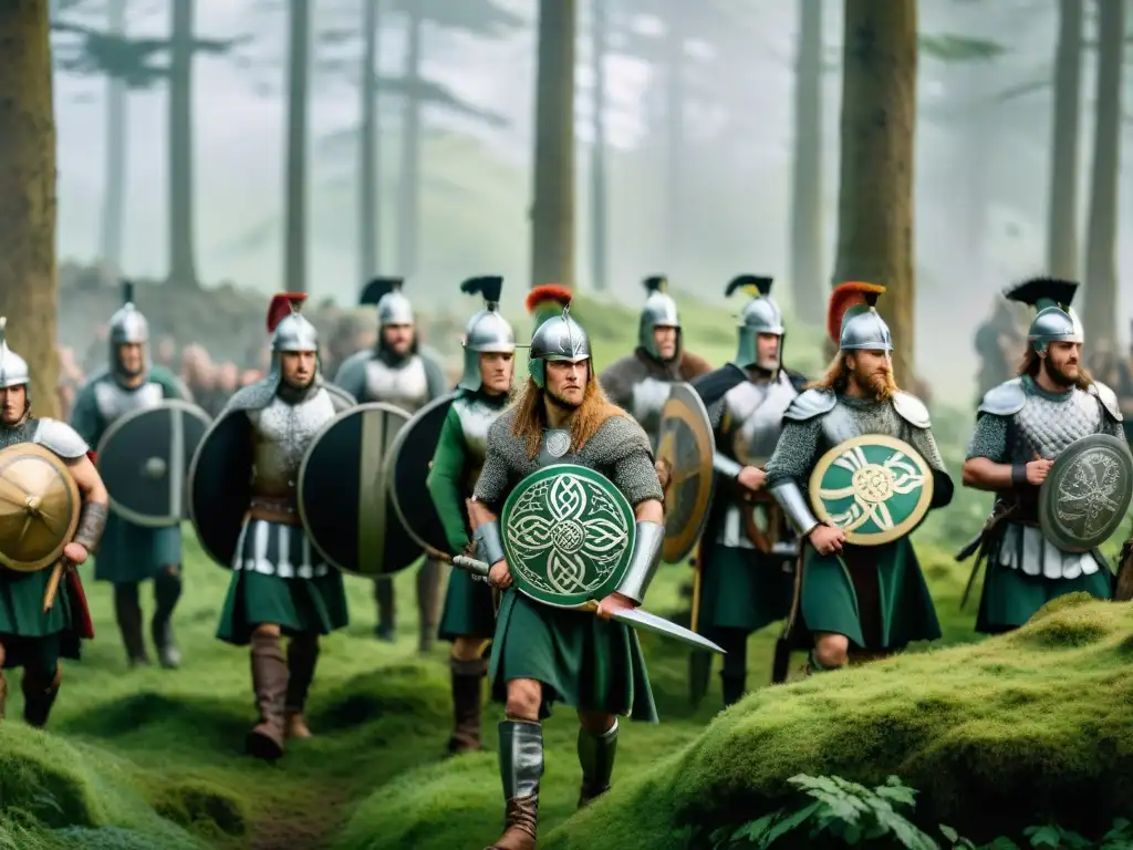 Grupo de guerreros celtas desafiantes frente a soldados romanos en bosque, reflejando impacto romanización cultura celta