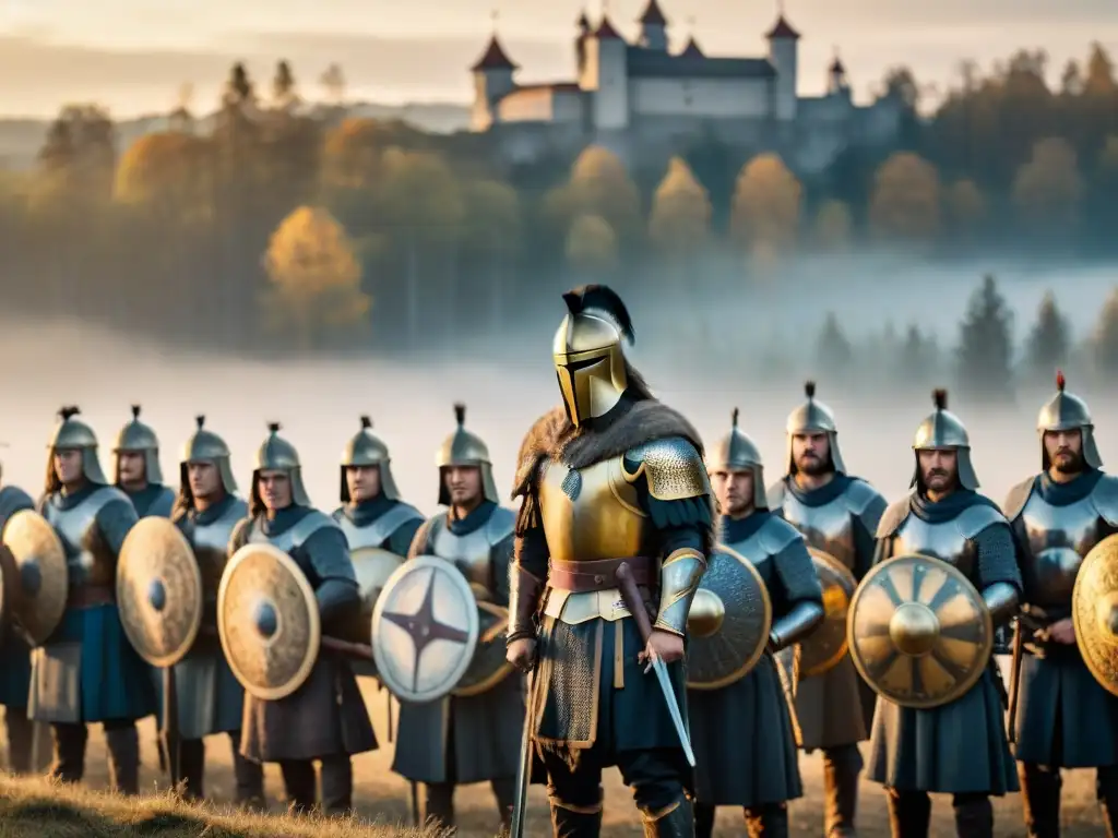 Grupo de guerreros eslavos en armadura tradicional, con espadas y escudos, en un campo de batalla neblinoso al amanecer