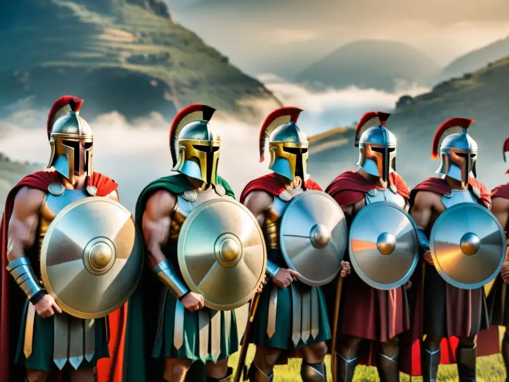 Un grupo de guerreros espartanos en formación con capas rojas ondeando, en un paisaje montañoso