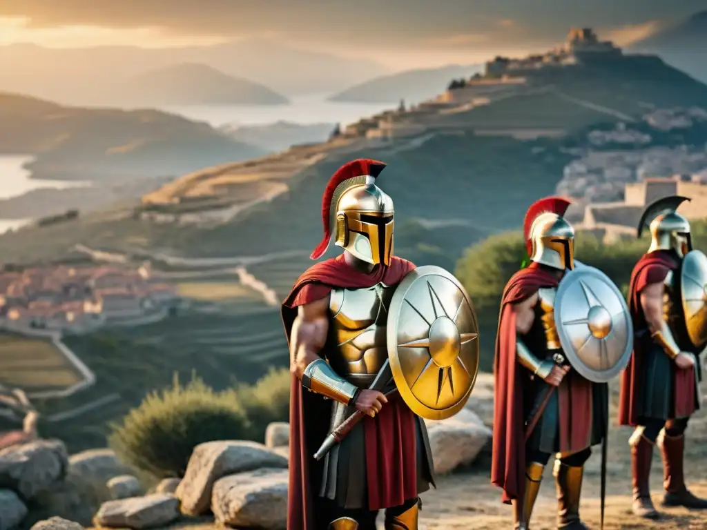 Grupo de guerreros espartanos en formación con armaduras de bronce y capas carmesí, en paisaje de Esparta al atardecer