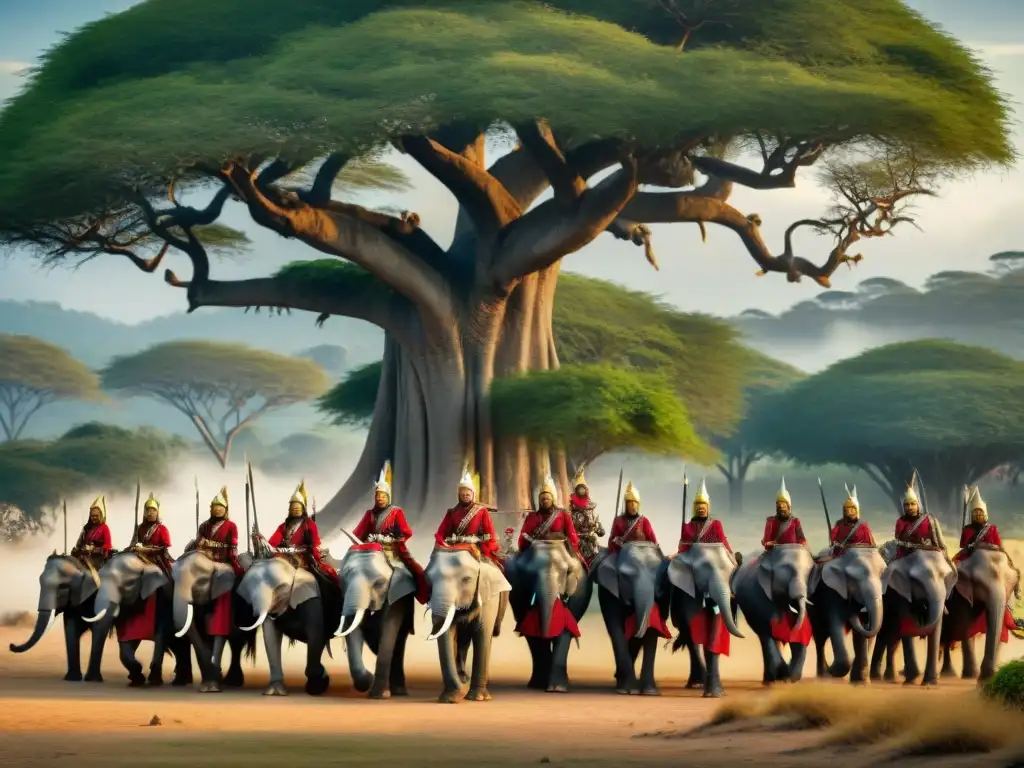 Grupo de guerreros de la India antigua planeando estrategias bajo un árbol banyan