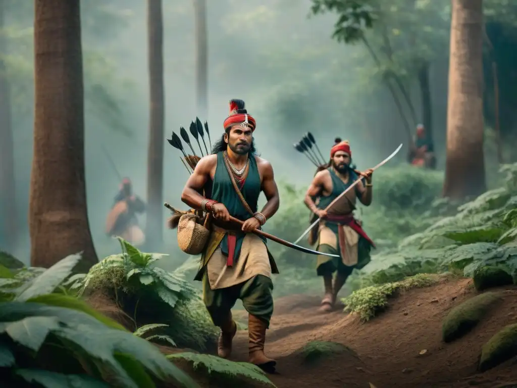 Grupo de guerreros indios antiguos usando técnicas de guerrilla en India, preparándose para un emboscada en el denso bosque