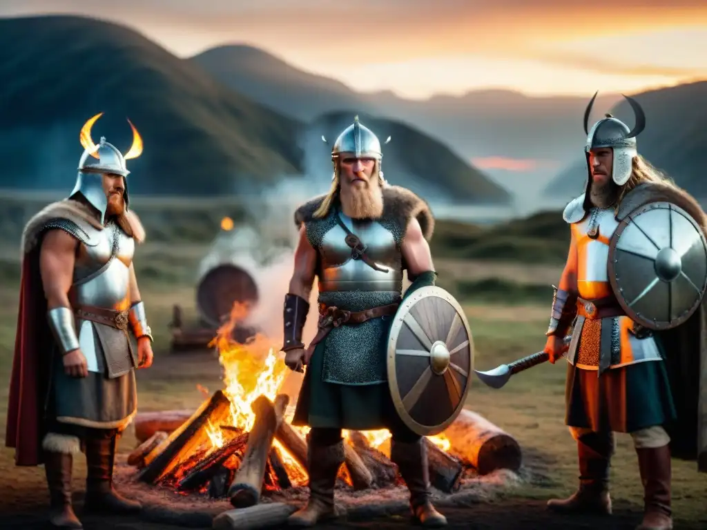 Grupo de guerreros vikingos en ceremonia ritual alrededor de fuego intenso en la noche