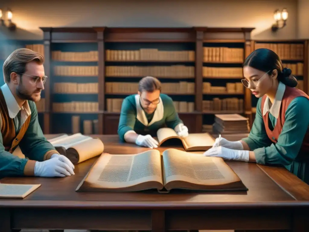 Grupo de historiadores y arqueólogos examinando antiguos textos en una mesa de madera, con herramientas digitales para textos antiguos