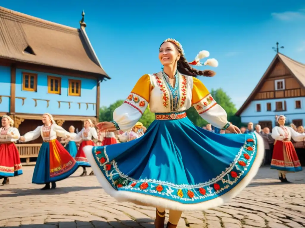 Grupo de hombres y mujeres bailando en plaza de pueblo eslavo, vistiendo trajes coloridos y bordados, al son de música folclórica