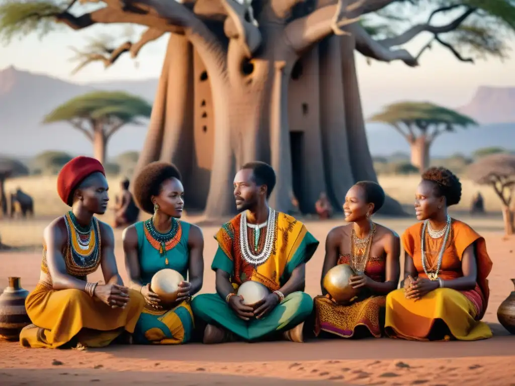 Un grupo de griots bajo un imponente baobab, contando historias con pasión y sabiduría