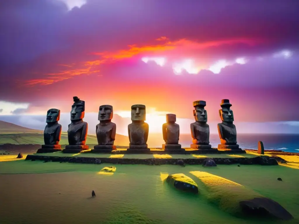 Grupo de imponentes estatuas Moai en la Isla de Pascua al amanecer, destacando su origen y significado