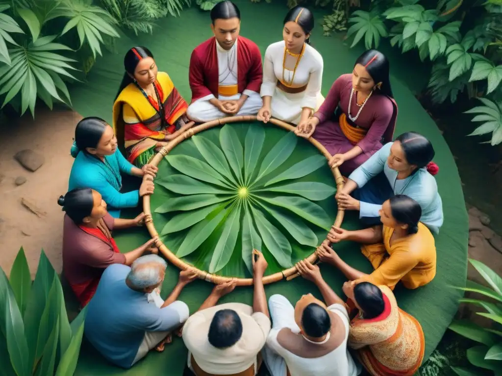 Grupo indígena practicando técnicas de meditación en la naturaleza