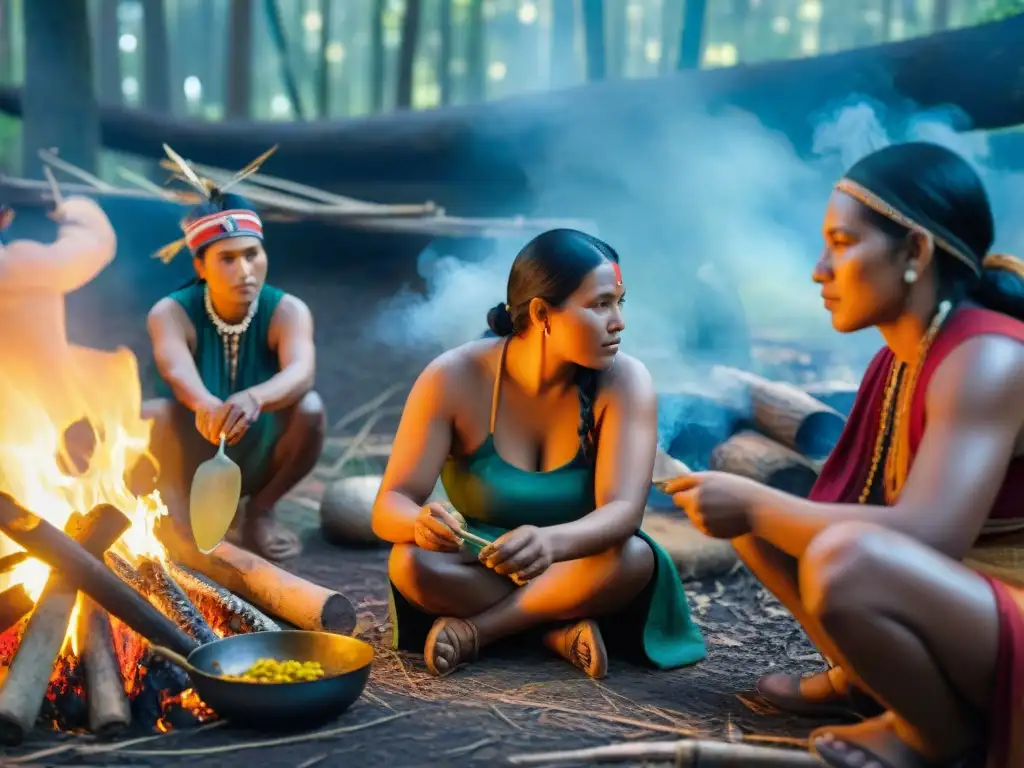 Un grupo de indígenas cocinando alimentos ancestrales alrededor de una fogata en el bosque, reflejando los Beneficios de las dietas ancestrales