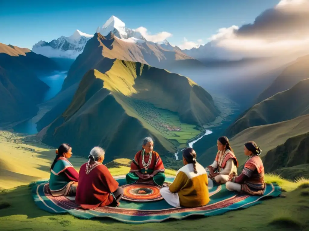 Grupo de indígenas de los Andes meditando al atardecer en la naturaleza