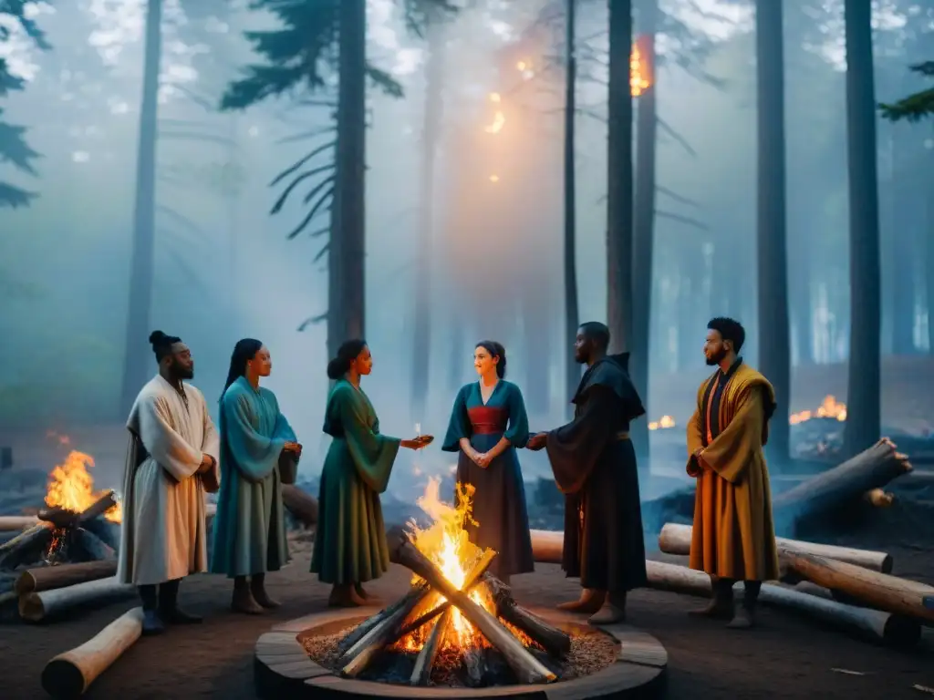 Un grupo de individuos diversos en túnicas coloridas realizando un ritual alrededor de una hoguera en el bosque al anochecer